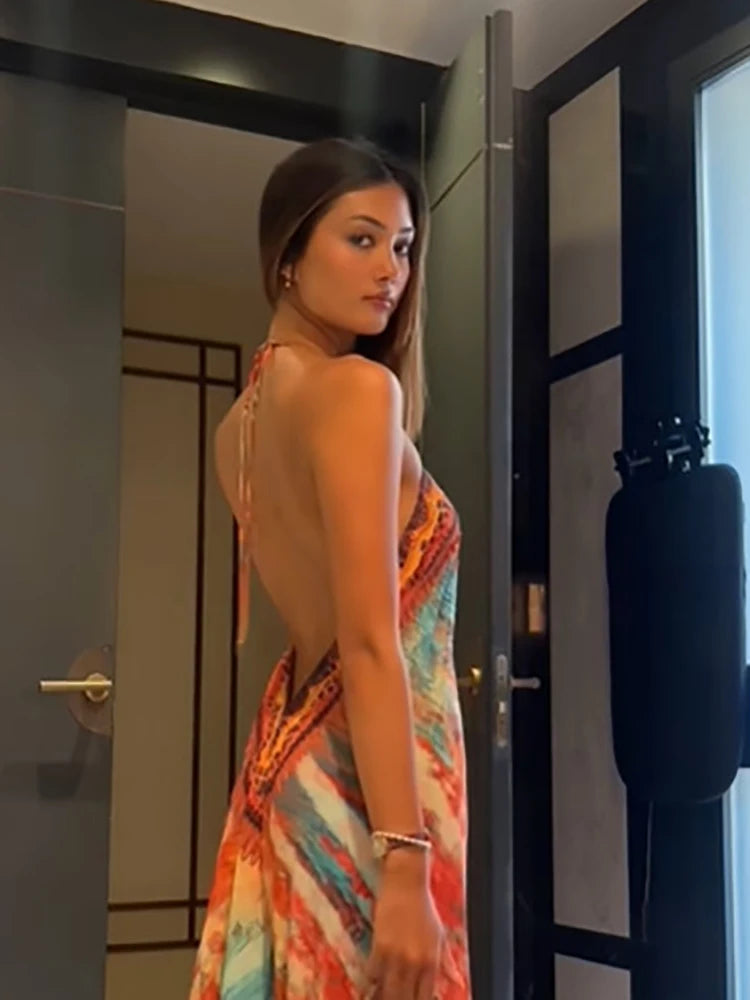 Bohemian Printed Halter Maxi Dress Women Sexy Backless Deep V-neck Sleeveless Off Shoulder Vestido Vacation Date Party Beachwear