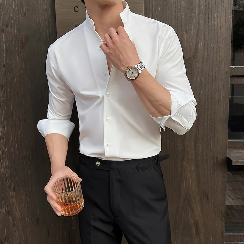 Business Dress white Shirt for Men 2026 British style Long Sleeved Solid Color Casual Elastic Slim Fit Shirt for Men's Clothing