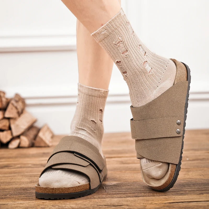 Men's Cork Slippers Suede Leather Clogs with Open Upper Comfort Footbed Adjustable Sandals Slides Indoor Home Shoes Women Couple