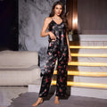 Satin Ice Silk Women's Printed Pajamas Set Floral Printed Lace-Trimmed V-Neck Ice Silk Suspender Sleepwear Shorts And Long Pants