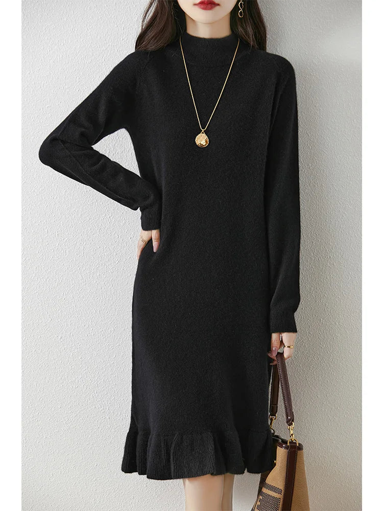 Women's Pure Wool Knitted Dress, High Collar, Pleated, Casual, Fashionable, Warm, 2024 Autumn And Winter