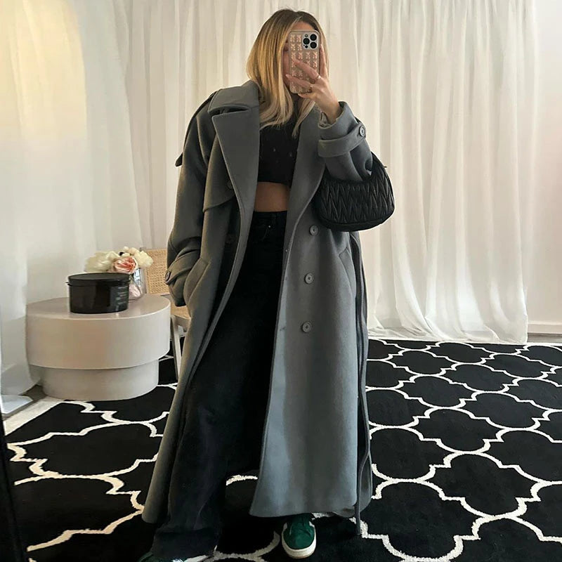 Chic Lace Up Woolen Long Trench Coat Women Gray Double Breasted Lapel Full Sleeve Pocket Coats 2026 Autumn Winter Lady Outwear