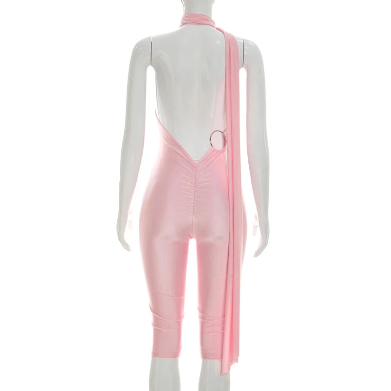 Women Fashion Overalls Playsuits Beach Vacation Clubwear Sexy Backless Ruched Halter Neck Tie Solid Slim Fit Capris Jumpsuit