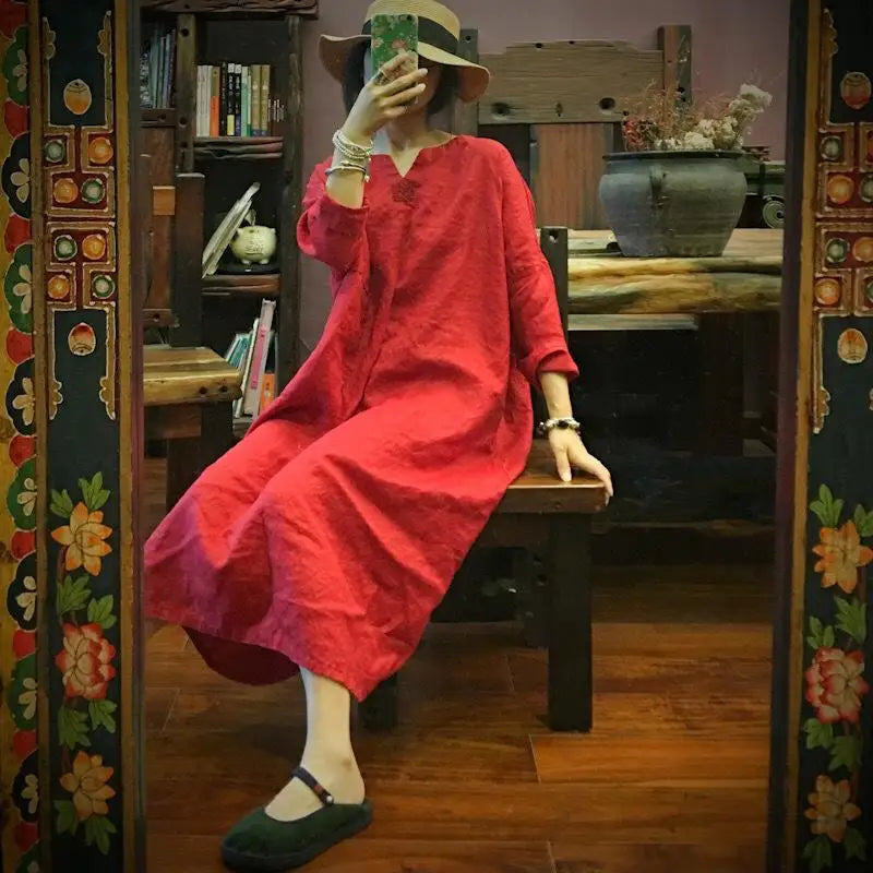 2024 Spring Autumn New Arts Style Women Long Sleeve V-neck  A-line Dresses Vintage Embroidery Cotton Linen Loose Long Dresses