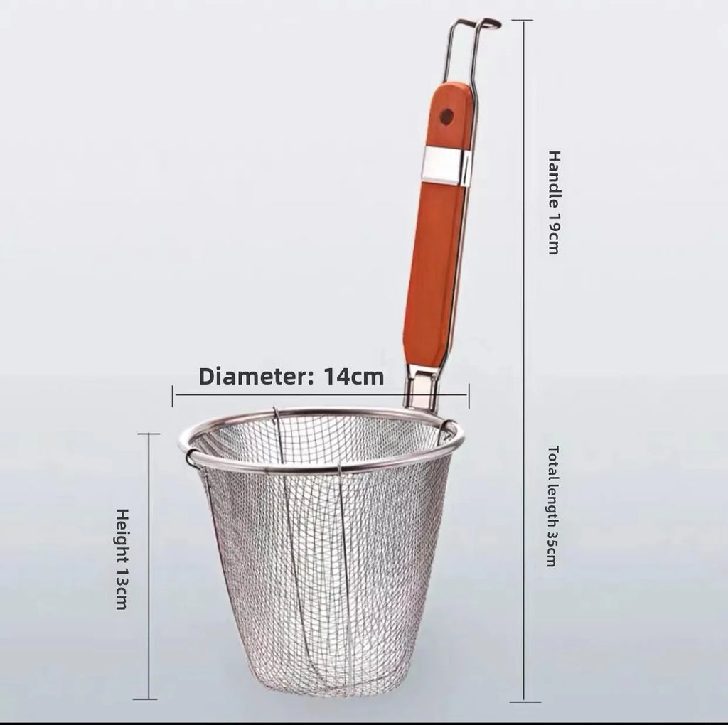 Durable Stainless Steel Noodle Funnel Wooden Handle Pasta Basket Strainer Multifunctional Fine Mesh Sieve Spoon Kitchen Gadgets