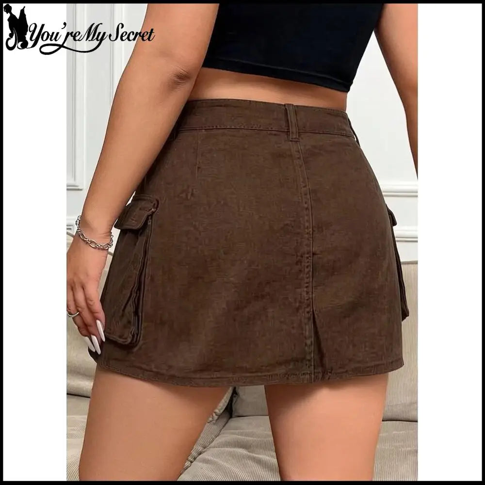 Sexy Women High Waist Cargo Denim Mini Skirt Double Button Multi Pocket A Line Short Skirt Y2K Streetwear Casual Jean Dress