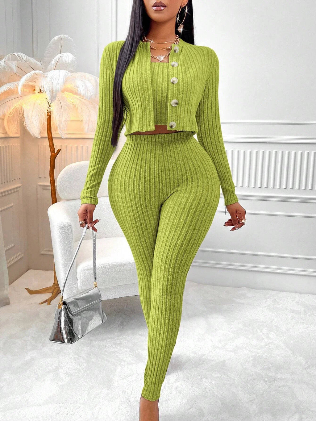 3-Piece Set of Solid Color Camisole, Front-Button Jacket, and Leggings