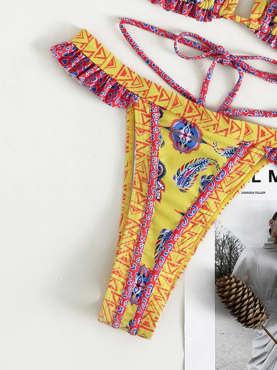 Print Bikinis Bordered Bikini Set Mciro Halter Swimwear Women Swimsuit Sexy Beachwear Brazilian Biquini Triangle Bathing Suits
