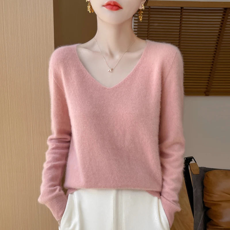 Women 100% Merino Wool Sweater V-Neck Basic Pullover Autumn Winter Cashmere Clothing Long Sleeve Soft Knitwear Tops Solid Color