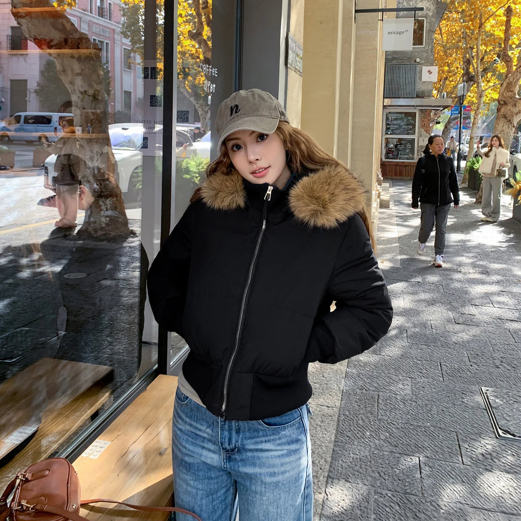 Winter New Women's Faux Fur Hooded Thick Padded Coat Slim Waist Short Cotton Jacket Sweet Style Warm Outerwear Parka