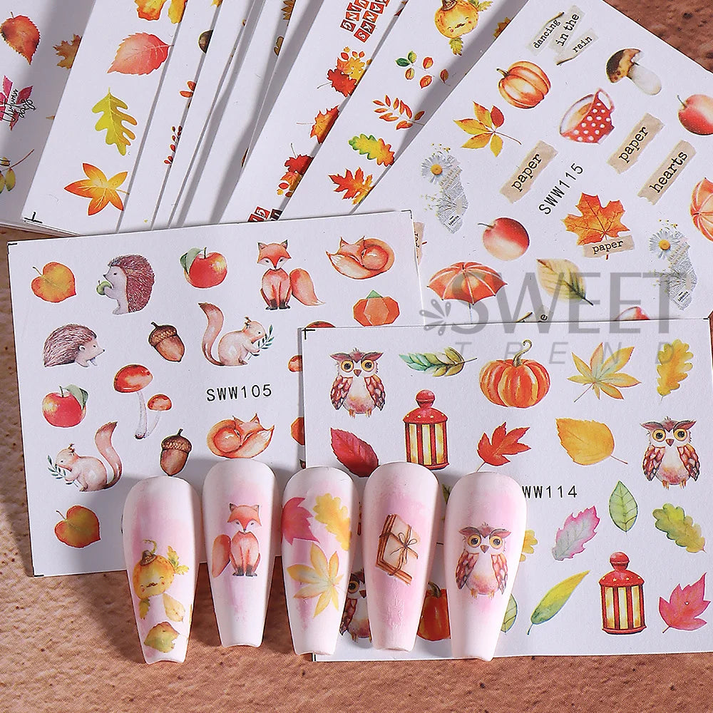 24pcs Fall Maple Leaf Nail Stickers Water Transfer Decals Geometry Leaves Mushroom Turkey Pumpkin Squirrel Design Manicure Decor