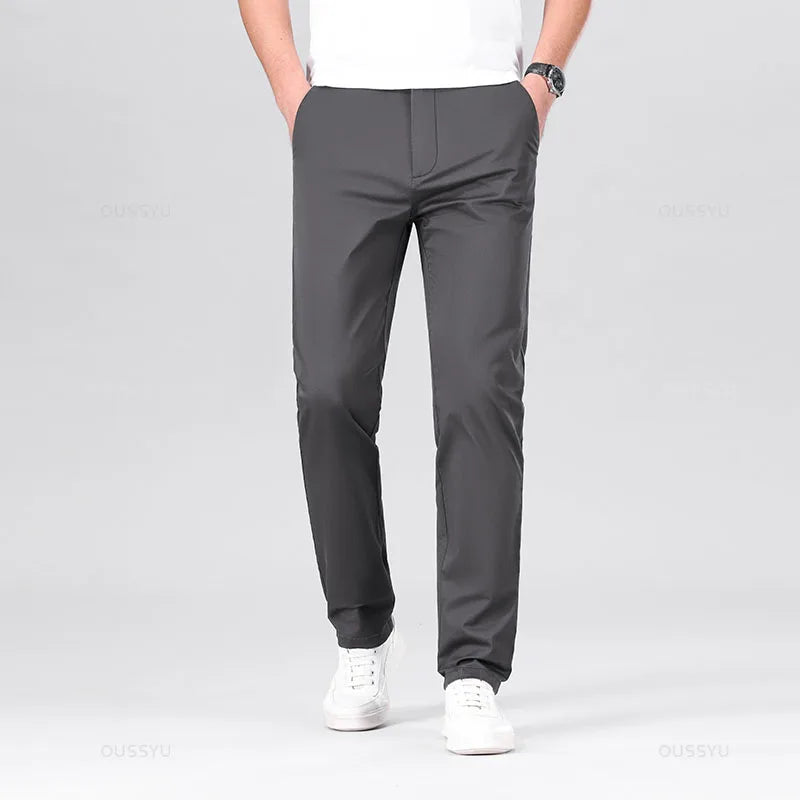 High Quality 97% Cotton Men's Straight Pants Business Solid Color Khaki Light gray Casual Formal Suit Trousers Plus Size 40 42