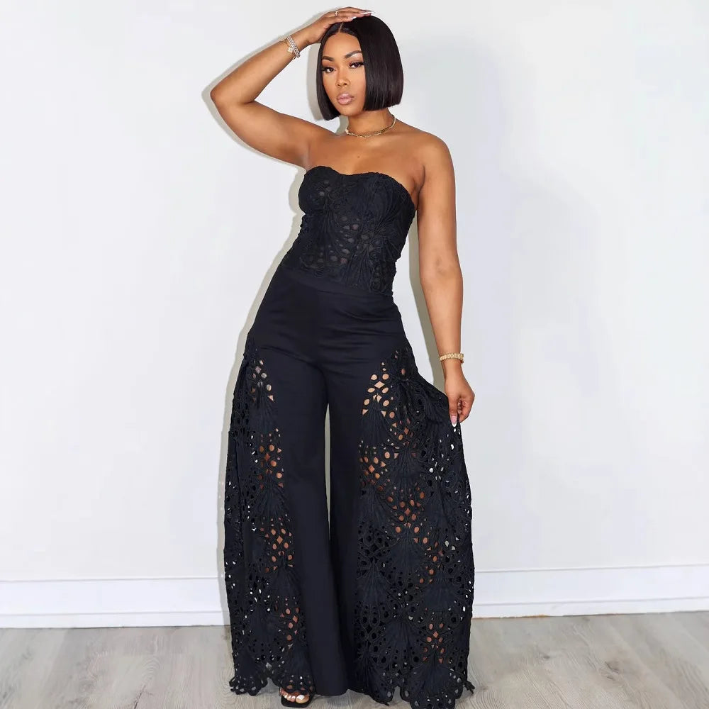 Women's Solid Color Pants Sets Hollow Out Lace Tube Top Cropped Top High Waist Trousers Two Piece Set Sexy Hot Girl Streetwear