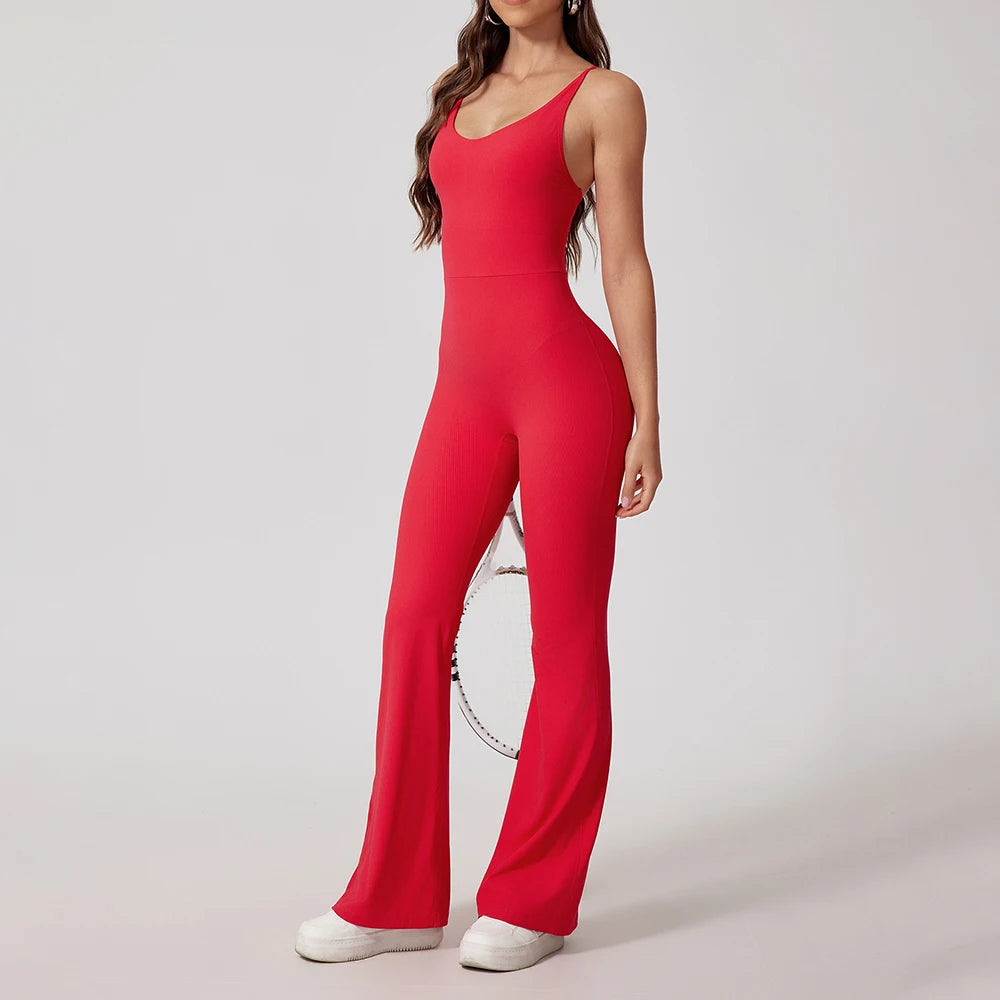 Women Thread Yoga Jumpsuit Sleeveless Gym Tracksuits Flared Overalls Workout Bodysuits Sportswear Female Sports One-Piece Outfit