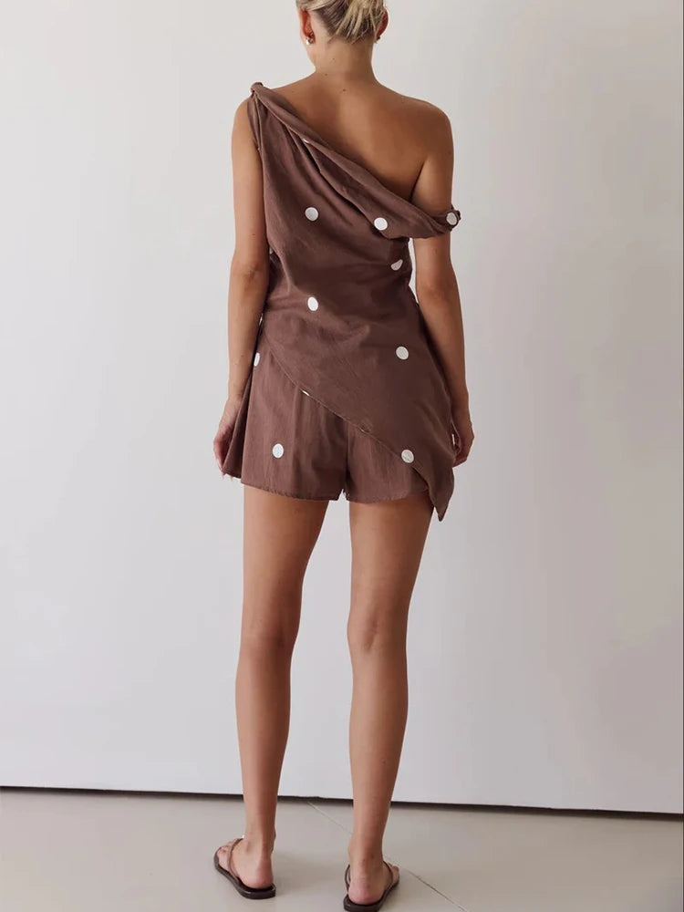 Fashion Pattern Printed Loose Beach Suit Irregular Holiday Set Ladies Diagonal Collared Sleeveless Top with Shorts Summer Outfit