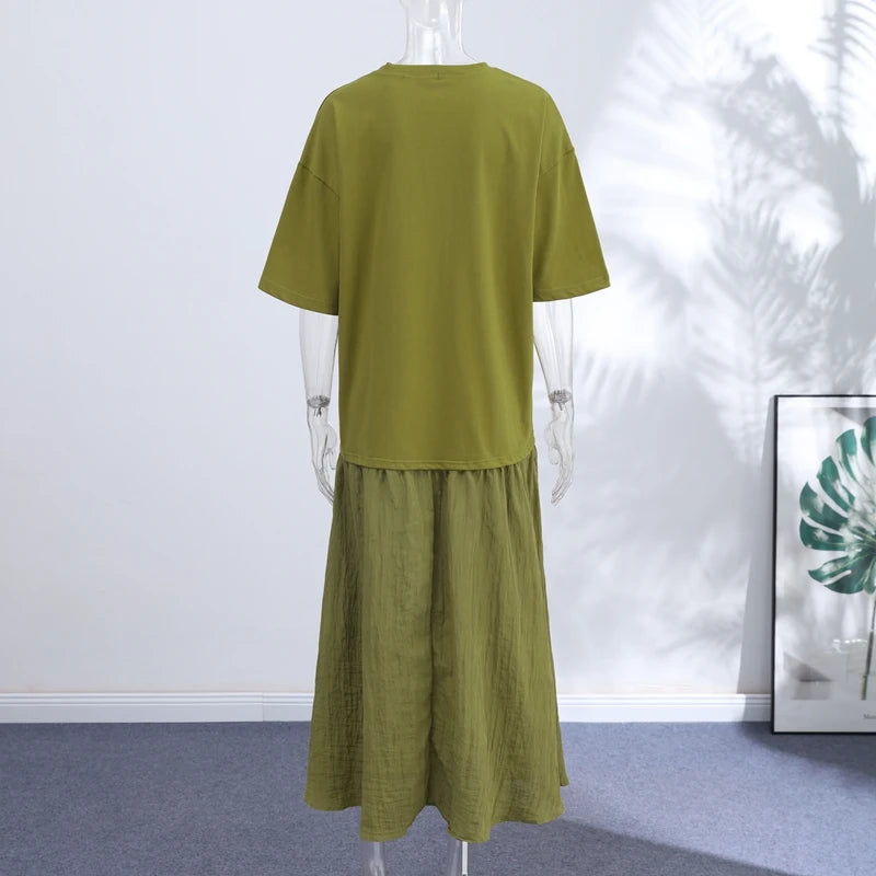 Fashion Solid Women Patchwork Dress Short Sleeve Round Neck Loose Female Dress Casual Office Streetwear Commute Summer 2026