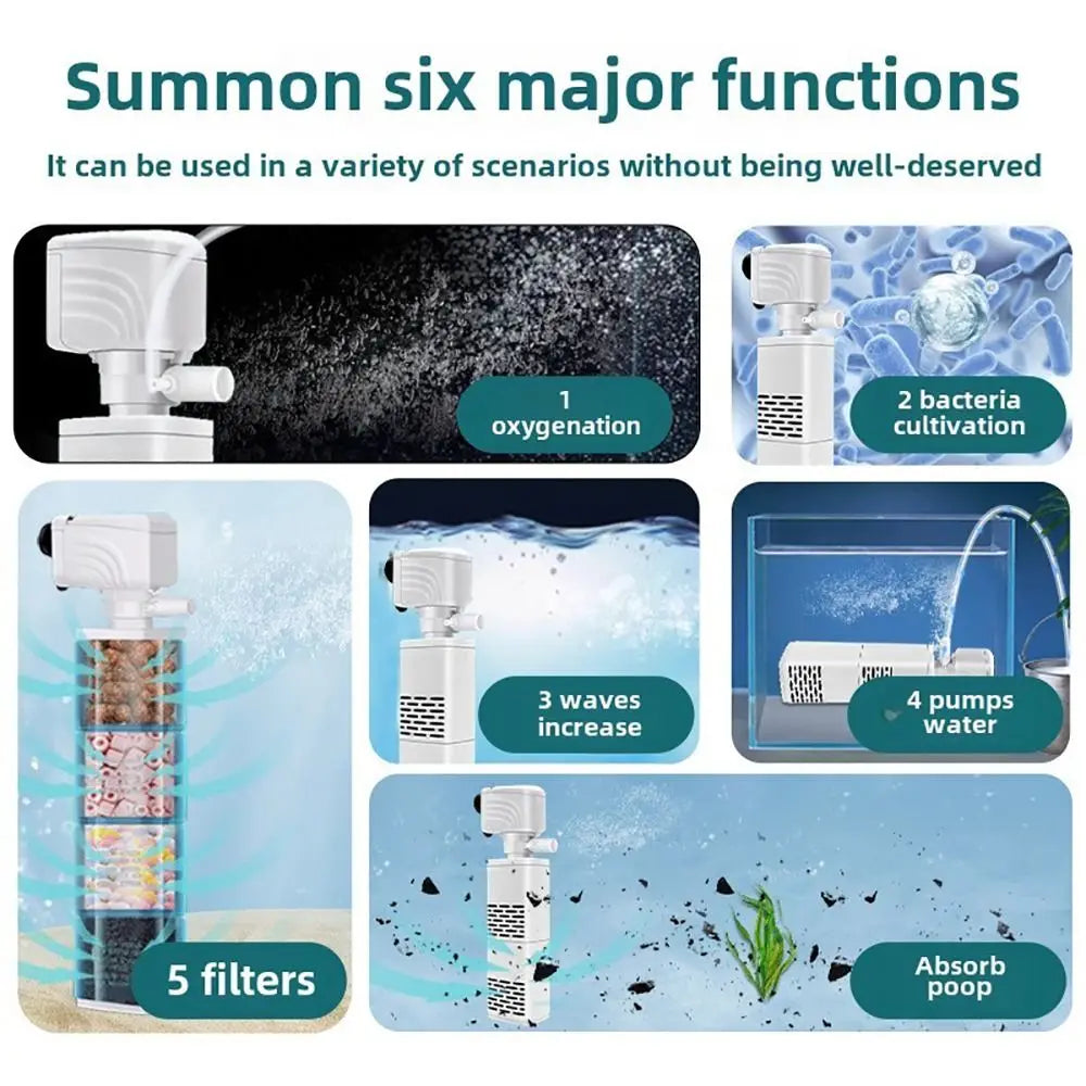 1Pcs Durable Submersible Silent Aquarium Filter Pump 3 in 1 4/6/15/20/25/35W Air Oxygen Aerator Water Change 220V Wave Maker