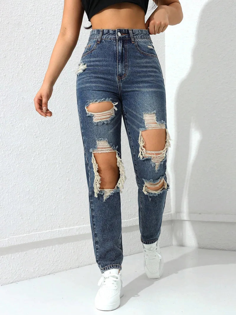 Women's High Waist Ripped Denim Jeans with Distressed Knee Holes and Straight Leg Fit for Casual Streetwear Fashion