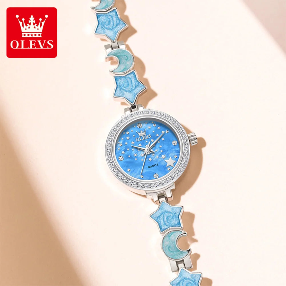 OLEVS Original Quartz Women's Watches Trendy Star Moon Diamond Dial Elegant Ladies Bracelet Wristwatches Luxury Woman Watch 5665
