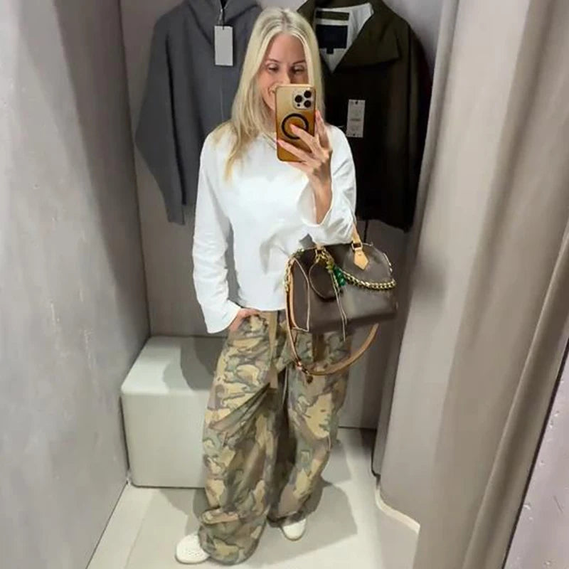 Camo Print Drawstring Waist Women Pants Wide Leg Loose Cut Drawstring Hem Relaxed Fit Casual Trouser Streetwear 2026 New Fashion