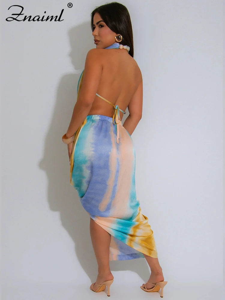Znaiml Sexy Beach Vacation Deep V-neck Bead Halter Sleeveless Backless Dress Women Fashion High Split Printed Night Club Robe