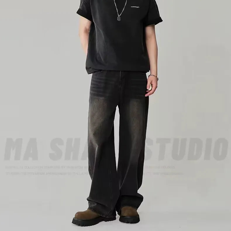 Spring Autumn Men's New Denim Pants Old Blue Washed Casual Jeans Menwear Loose New Fashion Contrasting Color Wide Leg Trousers