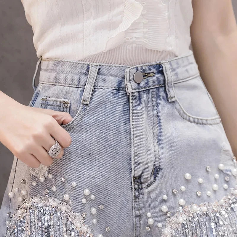 2026 Summer New Personalized Denim Shorts Women's High Waist Diamond Inlaid Heavy Industry sequins Tassel Denim Hot Pants Trendy