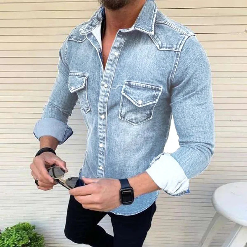 Denim Shirt Men Long Sleeve Washed Spring Summer Jean Tops