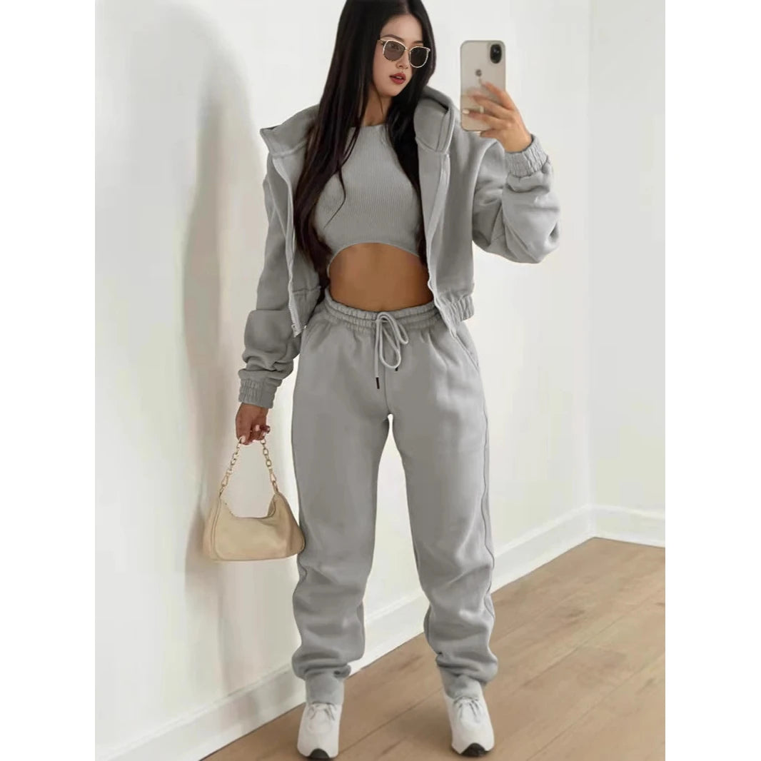 Women's Three-Piece Set Fleece-Lined Hoodie Sweatpants Sporty Casual Winter Outfit Complete Matching Long Pants Leggings
