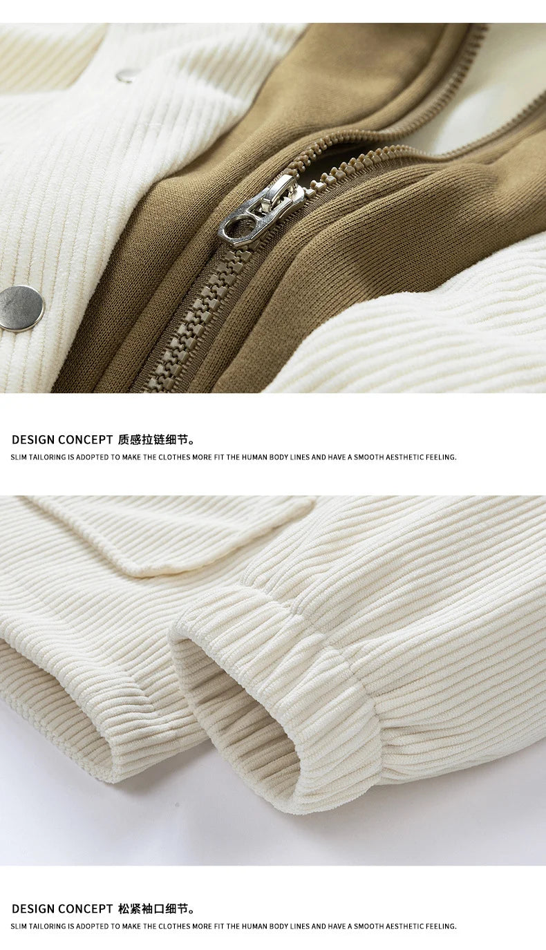 2025 New Corduroy Jacket Men's Harajuku Japanese Windproof Warm Fake Two-piece Hooded Coat Womens Casual Loose Pocket Jacket 4XL