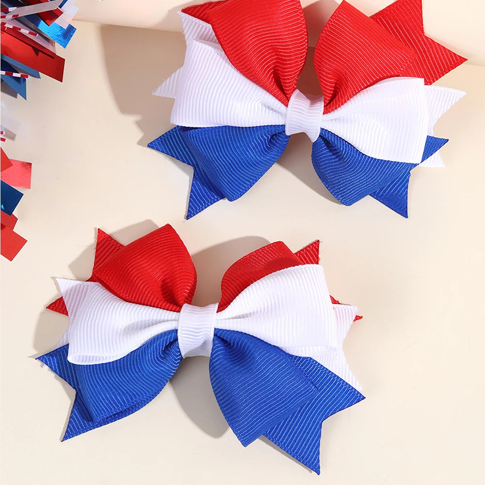 2Pcs USA Flag Bow Hair Clip Ribbon Patriotic American Flag Design Red White Blue Bow Barrettes For 4th Of July Party Accessories