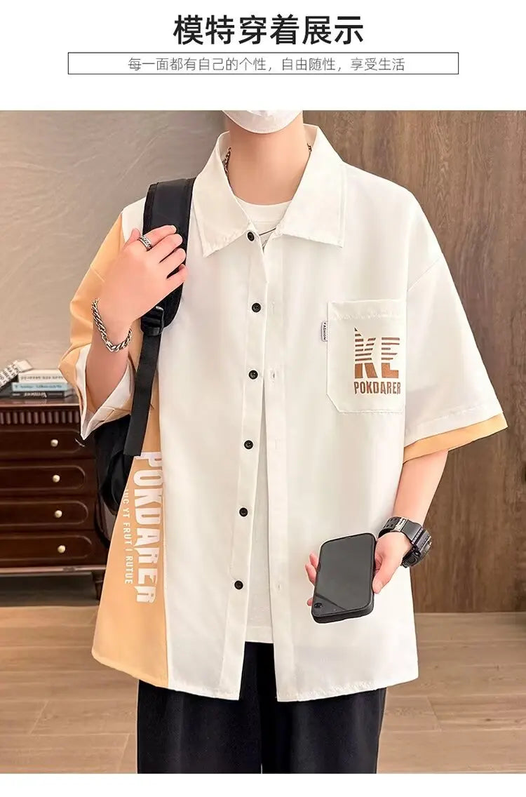 New Shirts for Men Patchwork Graphic T-shirts Men's Clothing Summer Casual Short Sleeved Daily Street Tops Loose Oversized Shirt