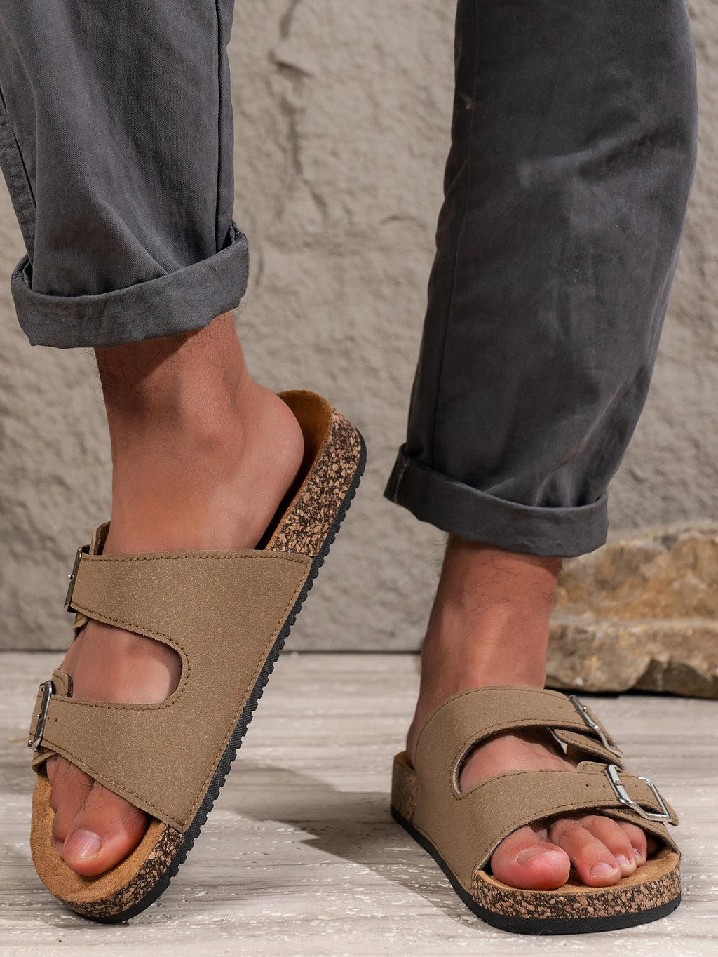 Men's Summer Simple Pu Upper Double-Bar Solid Color Flat Slip-On Sandals with Adjustable Buckle Beach Slippers
