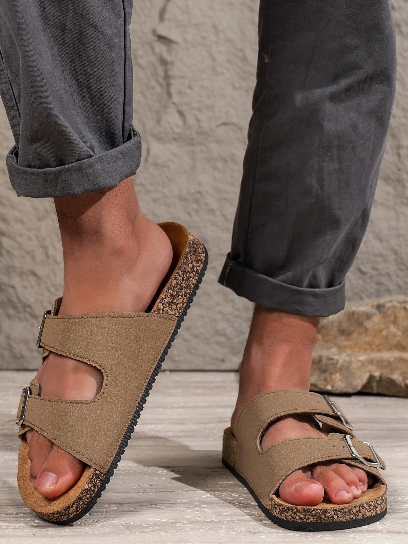 Men's Summer Simple Pu Upper Double-Bar Solid Color Flat Slip-On Sandals with Adjustable Buckle Beach Slippers