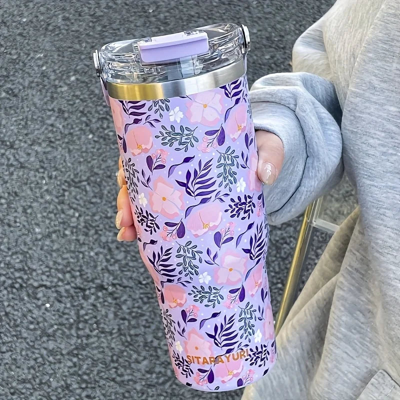 1pc Lightweight Luxury Floral Stainless Steel Thermos Flask 900ML Large Capacity Outdoor Water Bottle with Straw and Handle