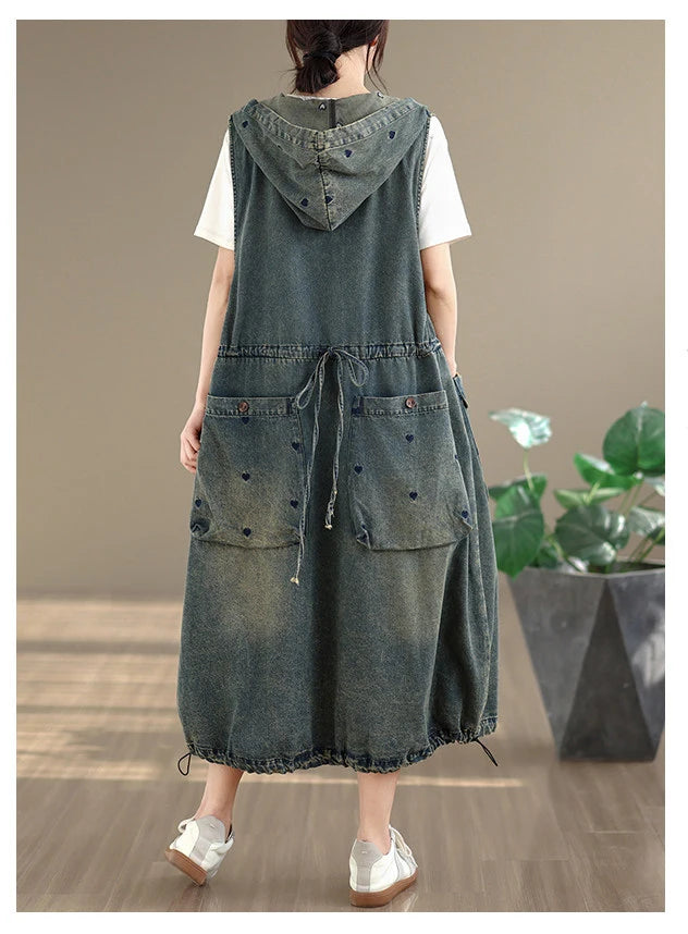 Original Denim Suspender Dres for Women Summer Fashion Vintage Big Pocket Mid-long Frocks Female Hip Hop Baggy Streetwear