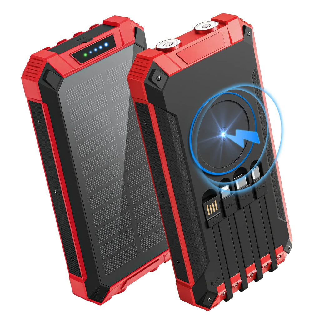 20000mAh Portable Solar Power Bank Dual LED Lights 4 Built-in Cables Fast Charging for iPhone Android Phones AirPods