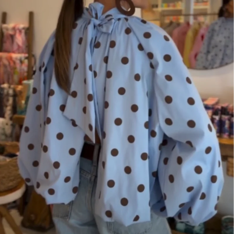  Women High Neck Puff Sleeve Blouse Light Blue Polka Dot Loose Fit Casual Top Stylish Girl Summer Date Commuter Casual Clothes