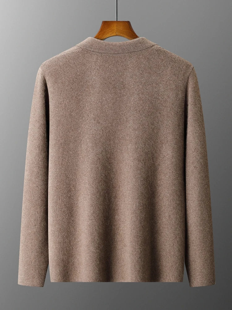 100% Merino Wool Sweater Men's Suit Collar Cardigan Smart Casual Knitwear Autumn Winter Cashmere Solid Coat Pockets Clothing Top