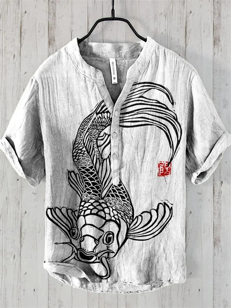 Hot sale Henry shirt 2025 summer men's casual short-sleeved T-shirt floral print top linen blend comfortable fabric XS-6XL size