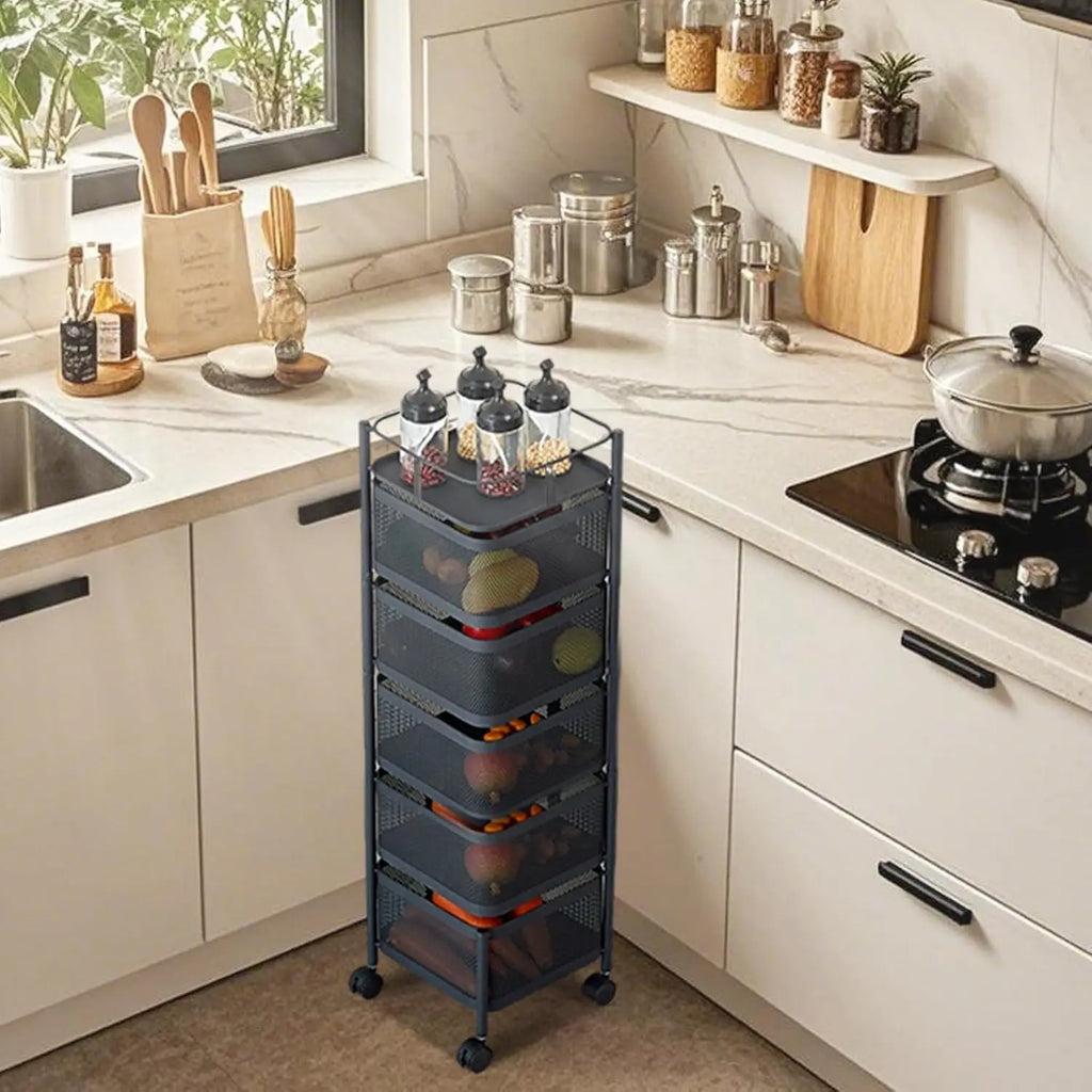 5-Tier Rolling Storage Cart with Rotating Baskets, Fruit & Vegetable Baskets Rotating Snack Rack for Kitchen Bathroom Craft Room