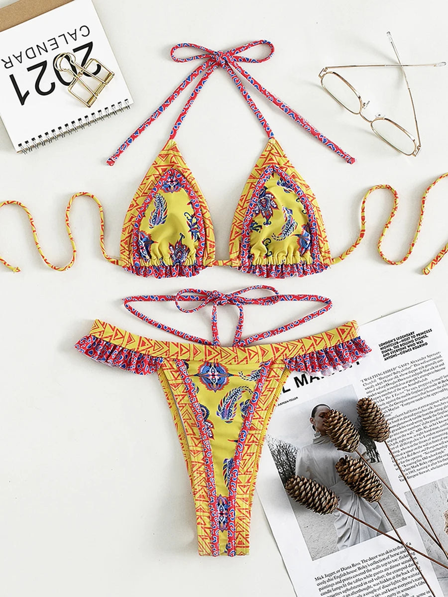 Print Bikinis Bordered Bikini Set Mciro Halter Swimwear Women Swimsuit Sexy Beachwear Brazilian Biquini Triangle Bathing Suits
