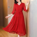 Summer New Silk Red Vintage Loose Midi Women Elegant Bodycon Evening Dress Bandage Casual Holiday Party Pretty Dress XQ295