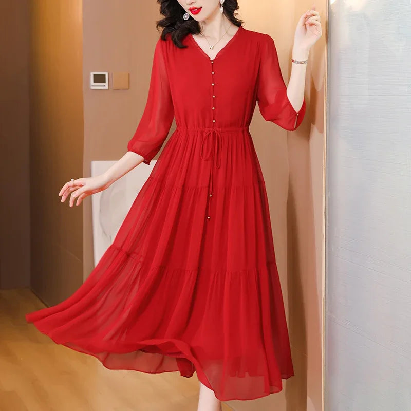Summer New Silk Red Vintage Loose Midi Women Elegant Bodycon Evening Dress Bandage Casual Holiday Party Pretty Dress XQ295