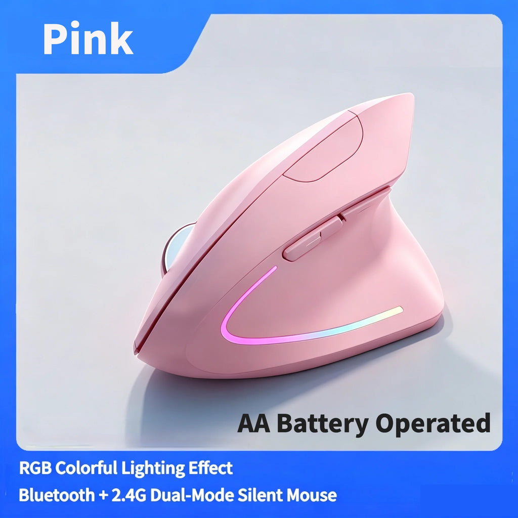 NexusClick Dual Mode Ergonomic Vertical Mouse,Rechargeable/AA Battery Powered,Adjustable DPI Mute Buttons RGB Mouse for Computer
