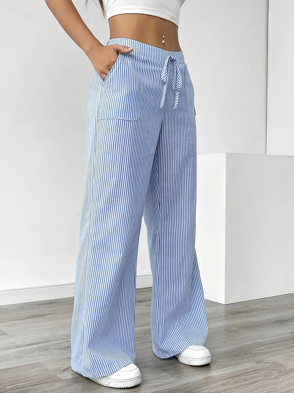 New Women's Casual Striped Blue Pocket Pants Fashionable Popular Sports Trousers for Ladies