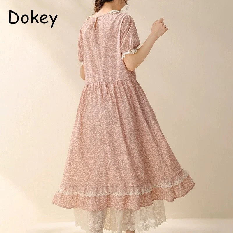 Vintage Ruffled Cotton Linen Flower Dress Women's New Summer Peter Pan Collar Short Sleeve Loose Boho Dress Casual Midi Vestidos