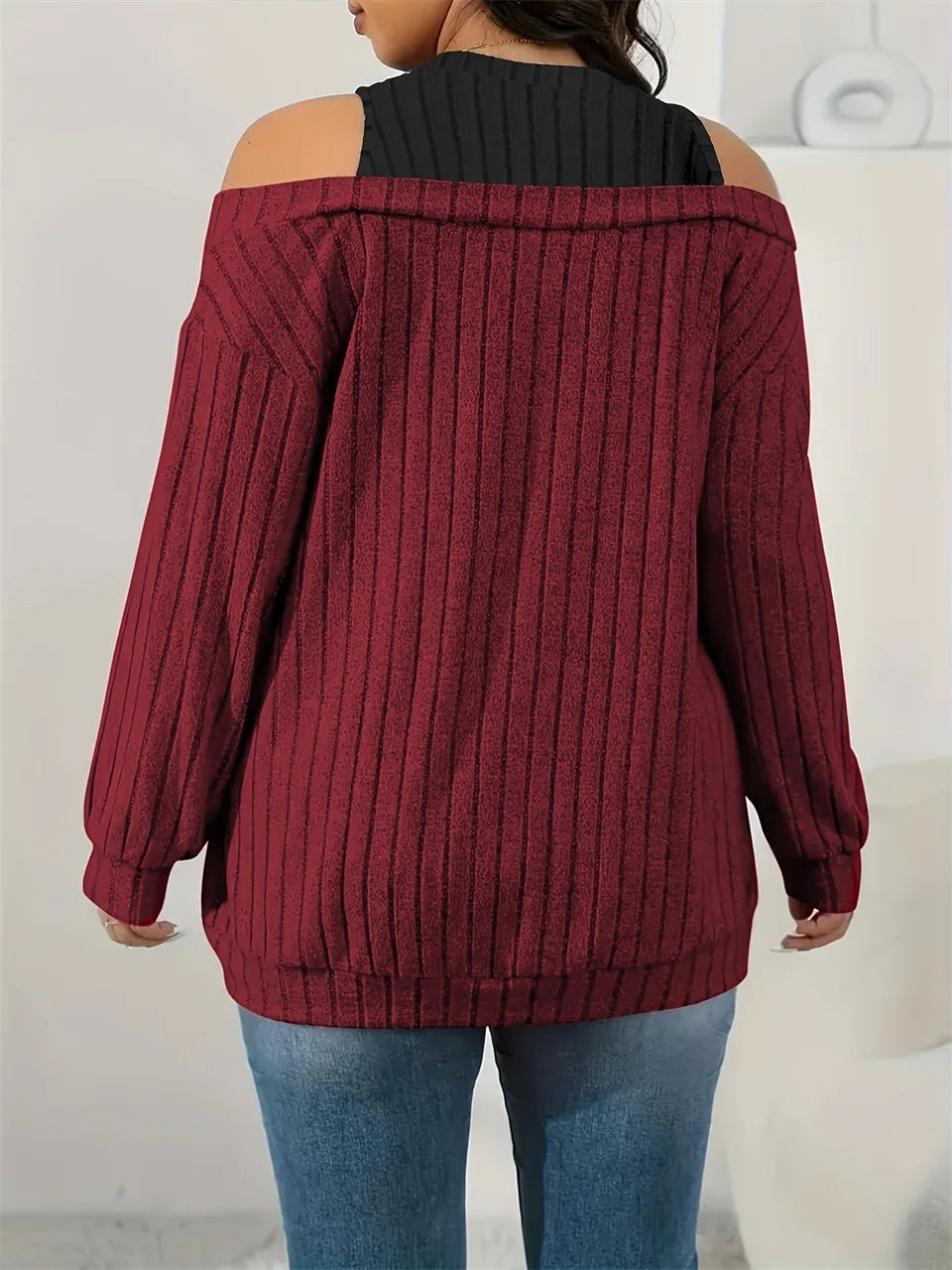GIBSIE Plus Size Cold Shoulder 2 In 1 Rib-knit Tee Women 2025 Spring Fall Casual Loose O-Neck Long Sleeve T-Shirts Top Female