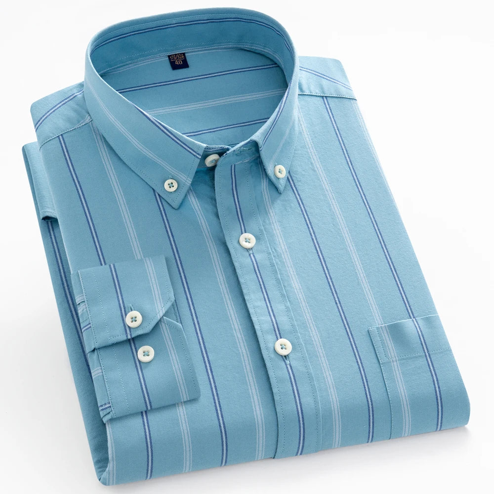 Men's 100% Cotton Breathable Oxford Fabric Dress Shirt, Plaid Striped Casual Long Sleeve, Button-Up with Collar and Chest Pocket
