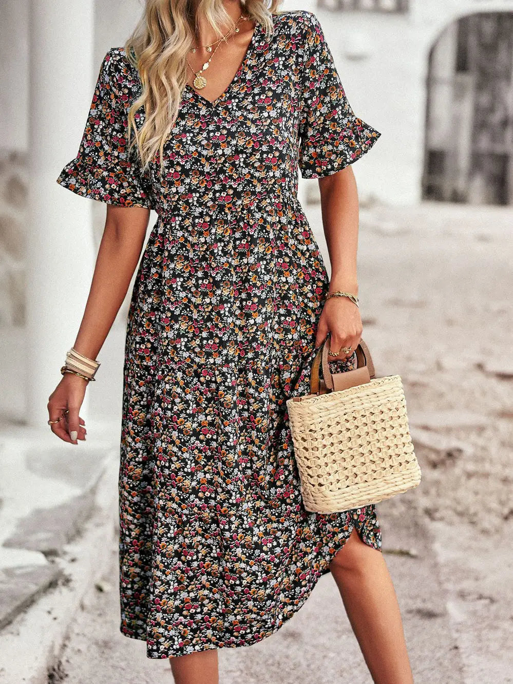 Msfilia Fashion V Neck Elegant Printed Dress Women Summer Short Sleeve High Waist A Line Floral Holiday Dresses
